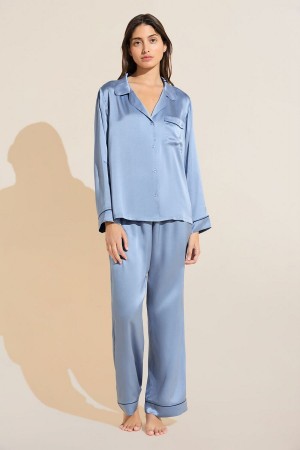 Blue Navy Women Eberjey Inez Washable Silk Long PJ Set Pajamas | RJS967FT