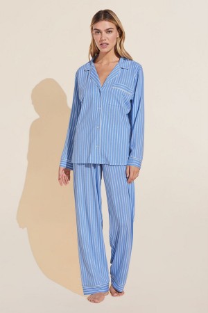 Blue White Women Eberjey Gisele Printed TENCEL™ Modal Long PJ Set Pajamas | KQG2163JC