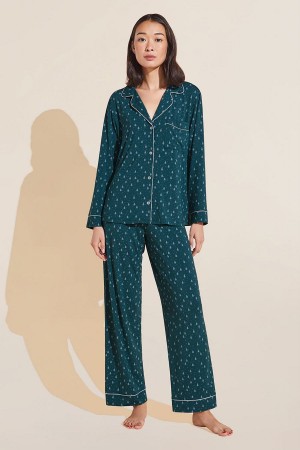 Dark Green White Women Eberjey Gisele Printed TENCEL™ Modal Long PJ Set Pajamas | NJR3476BJ