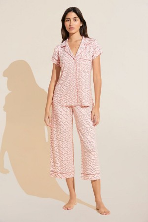 Dark Red Pink White Women Eberjey Gisele Printed TENCEL™ Modal Short Sleeve Cropped PJ Set Pajamas | VPG2823AR