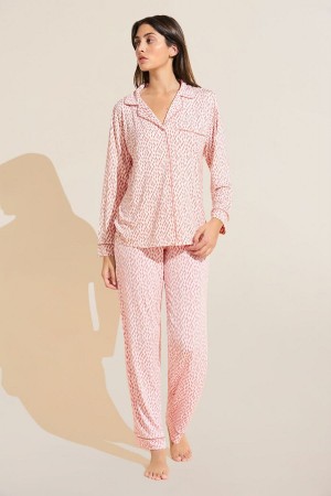 Dark Red Pink White Women Eberjey Gisele Printed TENCEL™ Modal Long PJ Set Pajamas | ELT398NI