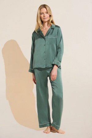 Green Women Eberjey Inez Washable Silk Long PJ Set Pajamas | CUT7434TN