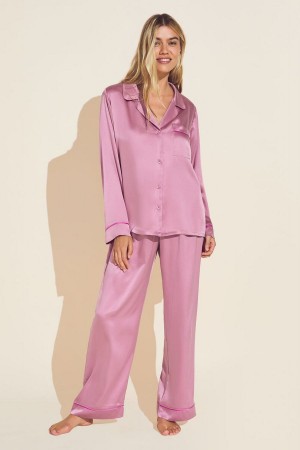 Italian Rose Pink Women Eberjey Inez Washable Silk Long PJ Set Pajamas | WFY6625ZU