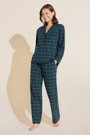 Navy Green Women Eberjey Flannel Long PJ Set Pajamas | ONG6939ZV