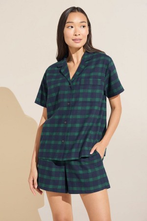 Navy Green Women Eberjey Flannel Short PJ Set Pajamas | XTF1148OW