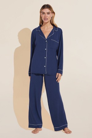 Navy White Women Eberjey Gisele TENCEL™ Modal Long PJ Set Pajamas | FFR8182HS