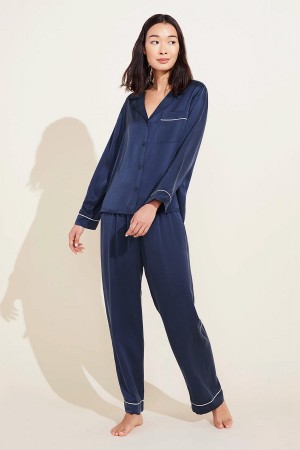 Navy Women Eberjey Inez Washable Silk Long PJ Set Pajamas | AWX434TZ