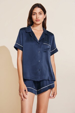 Navy Women Eberjey Inez Washable Silk Short PJ Set Pajamas | UQC665JD