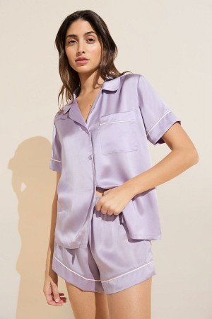 Purple White Women Eberjey Inez Washable Silk Short PJ Set Pajamas | DFN1925AP