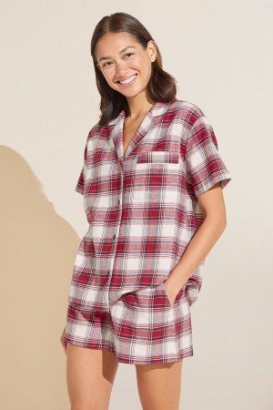 Red White Women Eberjey Flannel Short PJ Set Pajamas | LIE4296VU