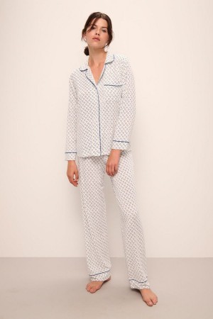 White Blue Women Eberjey Gisele Printed TENCEL™ Modal Long PJ Set Pajamas | LDW163SF