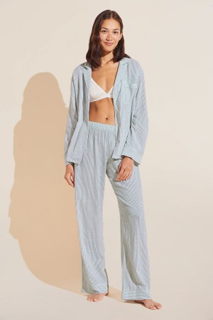 White Green Women Eberjey Nautico Long PJ Set Pajamas | SKM4445UE