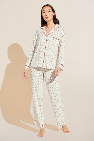 White Red Women Eberjey Gisele Printed TENCEL Modal Long PJ Set Pajamas | QXE1944ZH