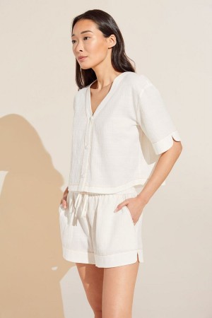 White Women Eberjey Crinkle Woven Short Sleeve Top & Short Set Pajamas | GZG7752EQ