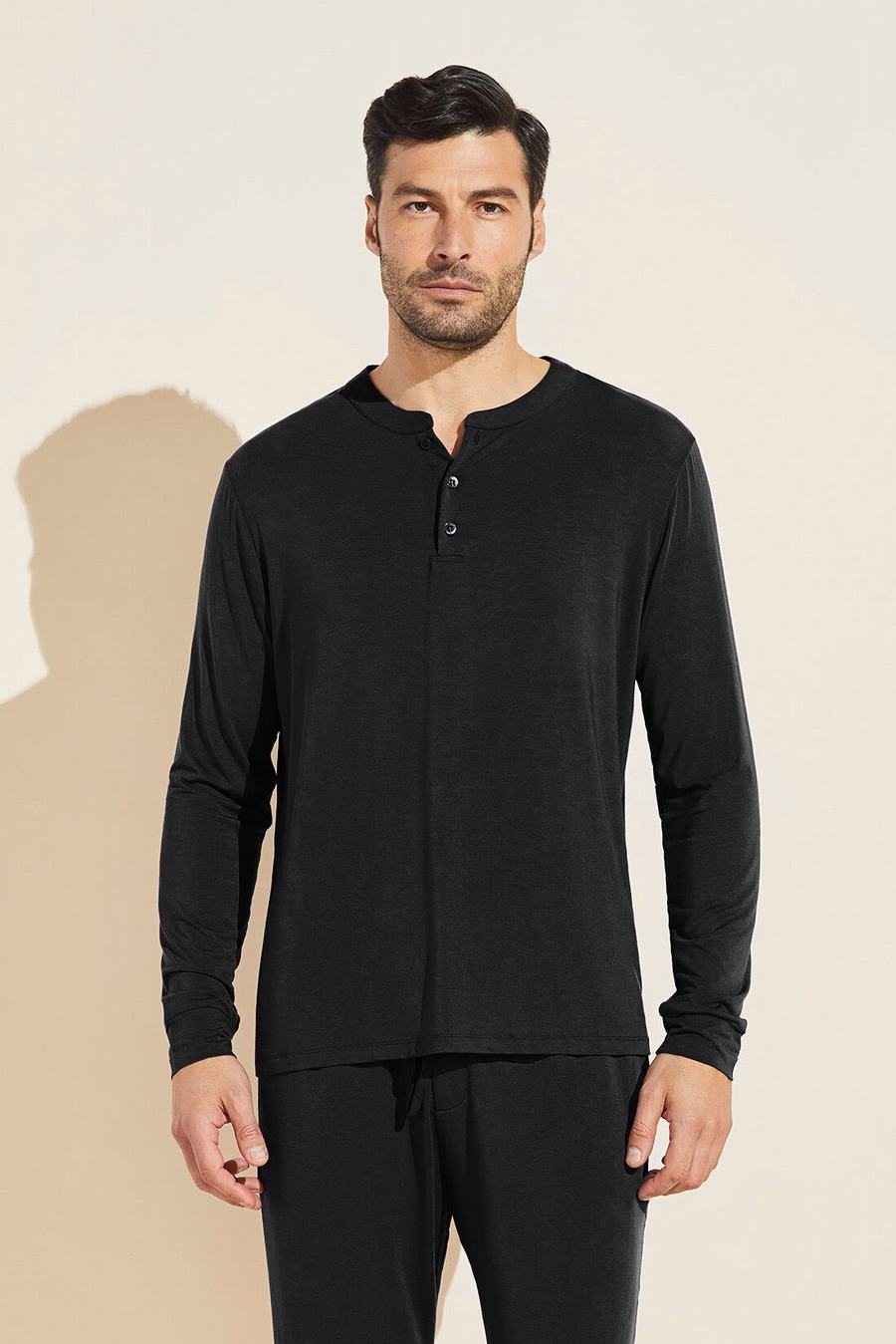 Black Men Eberjey Henry TENCEL™ Modal Long Sleeve Henley Tops | QRU1527YB