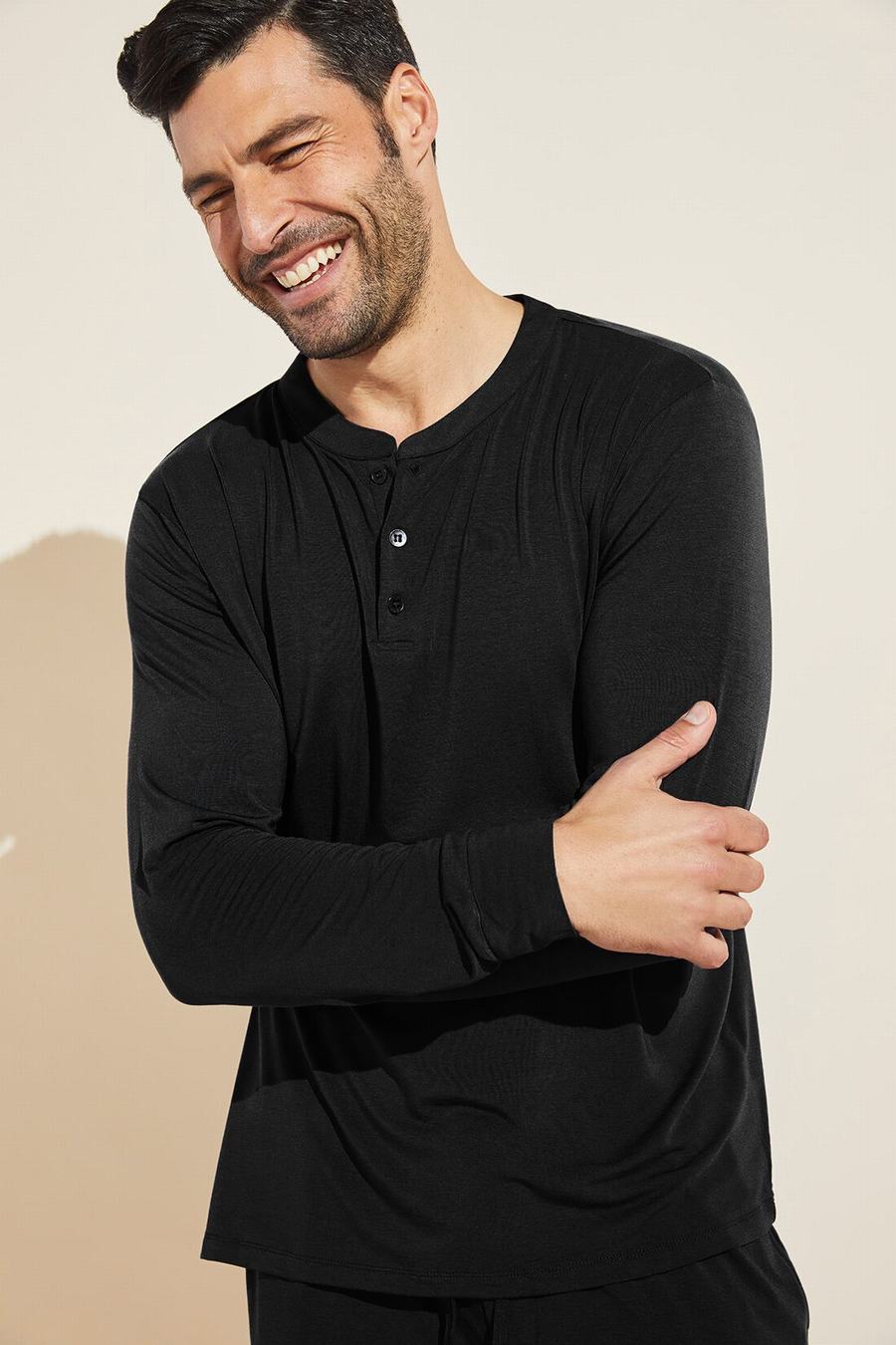 Black Men Eberjey Henry TENCEL™ Modal Long Sleeve Henley Tops | QRU1527YB