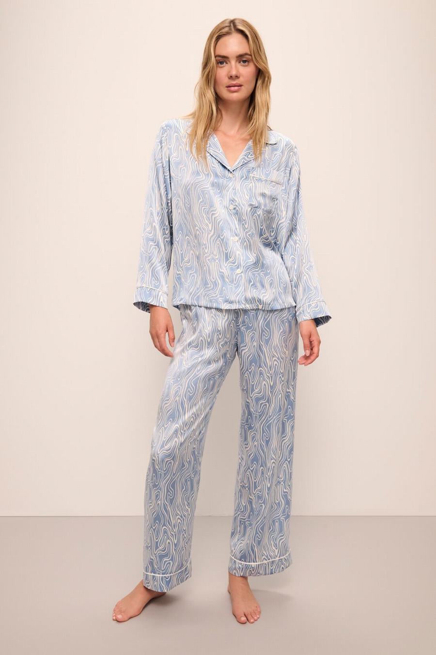 Blue White Women Eberjey Inez Washable Silk Printed Long PJ Set Pajamas | UTB2084BC