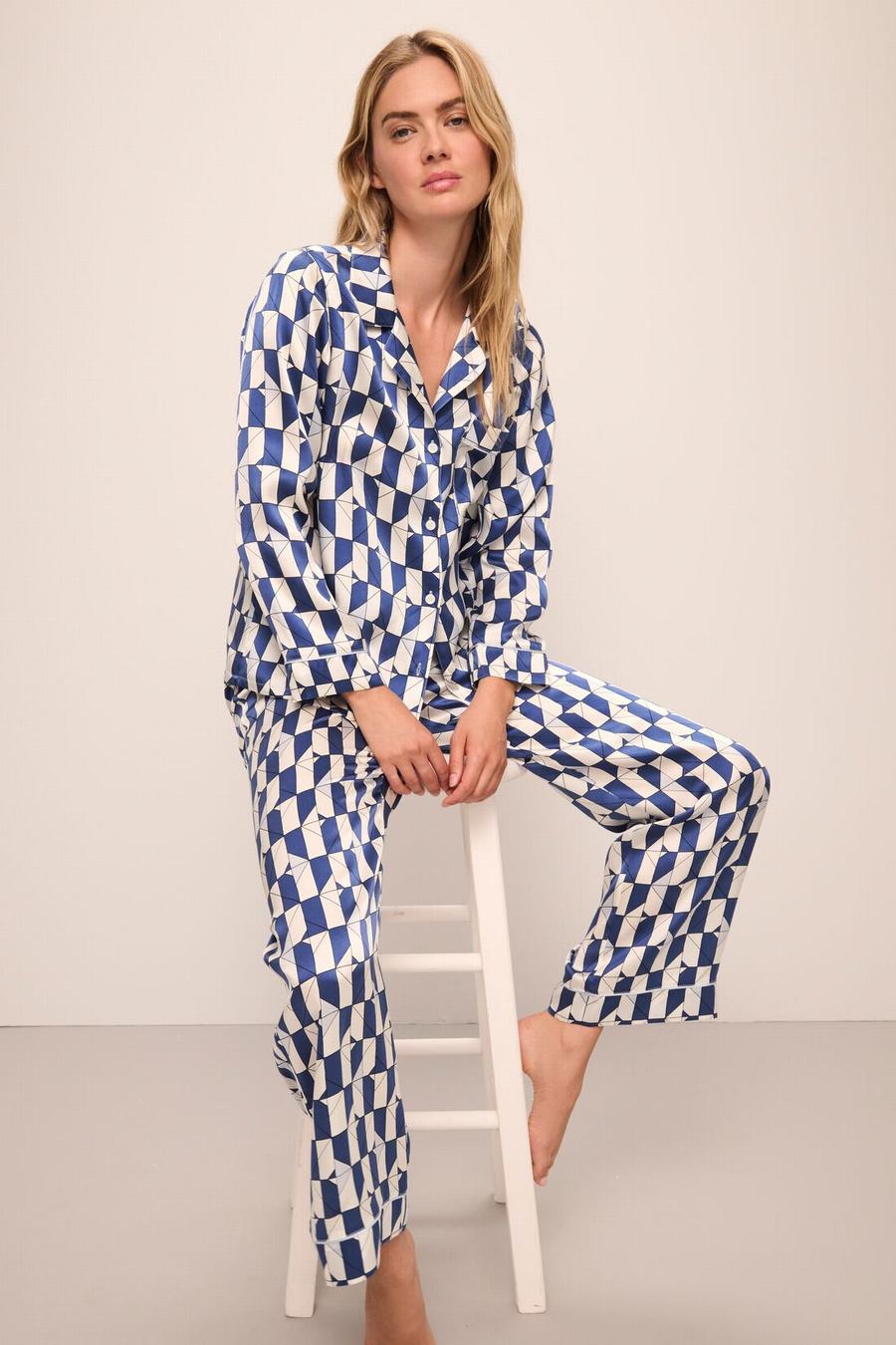 Blue White Women Eberjey Inez Washable Silk Printed Long PJ Set Pajamas | AKK5830XZ