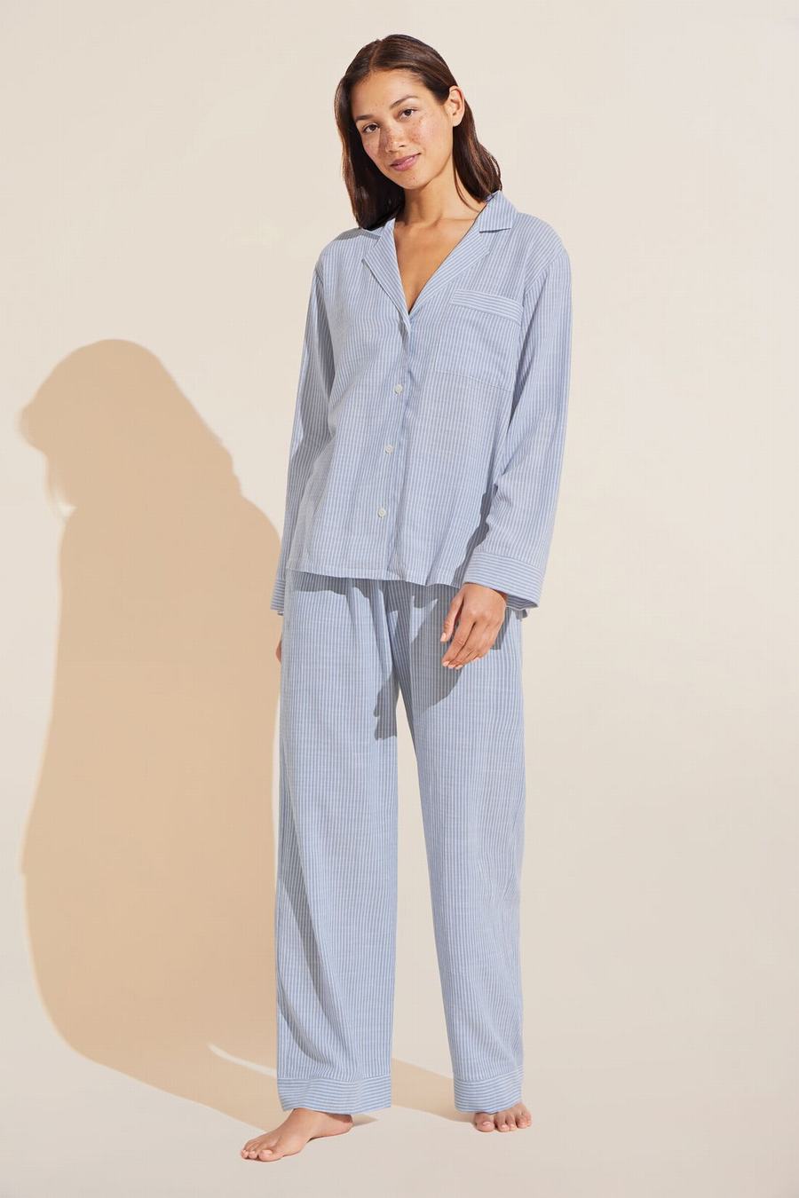 Blue White Women Eberjey Nautico Long PJ Set Pajamas | IYF5036AS