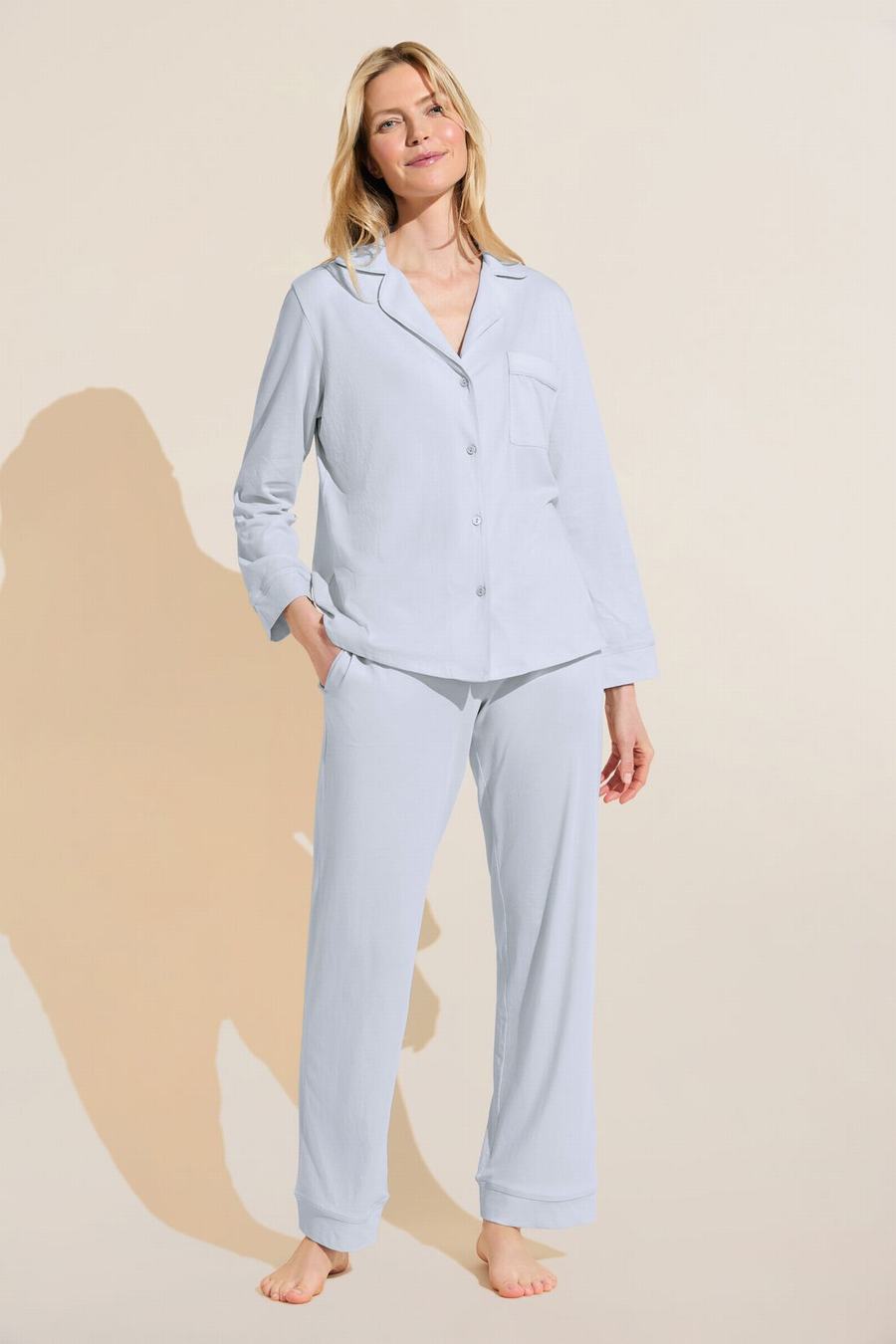 Blue Women Eberjey Organic Pima Cotton Notch Collar Top & Pant PJ Set Pajamas | POU4742KG