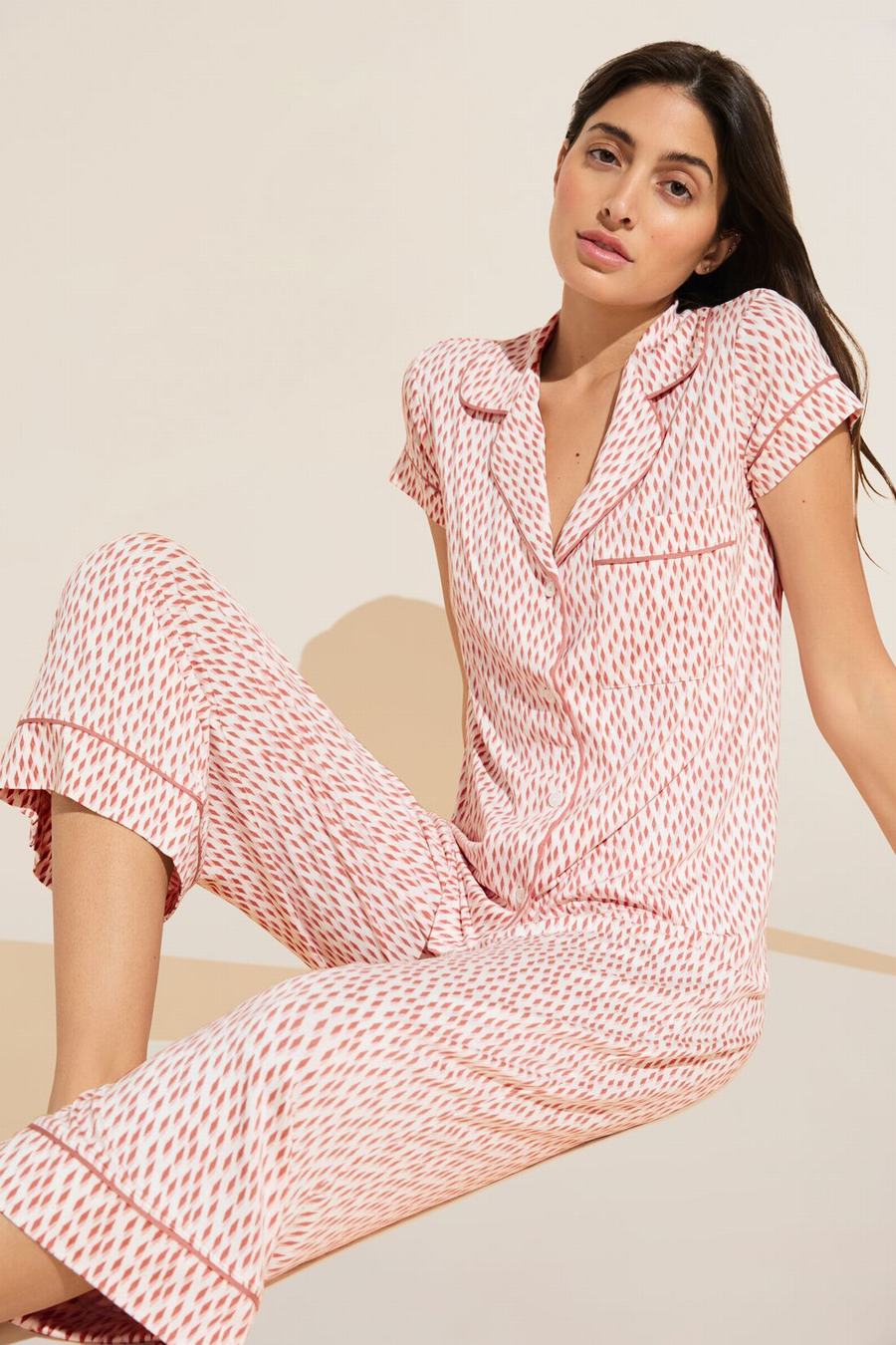 Dark Red Pink White Women Eberjey Gisele Printed TENCEL™ Modal Short Sleeve Cropped PJ Set Pajamas | VPG2823AR