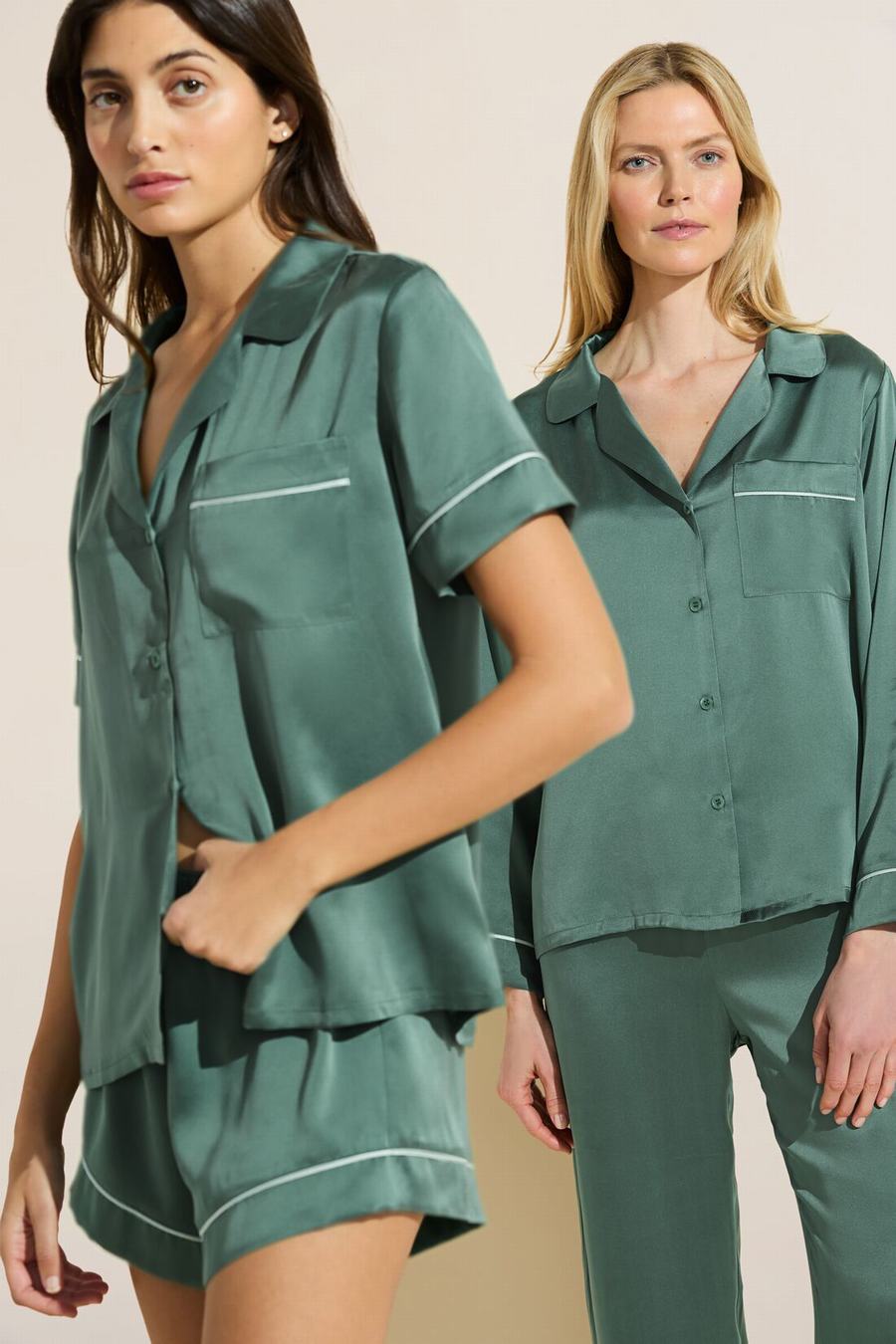 Green Women Eberjey Inez Washable Silk Long PJ Set Pajamas | CUT7434TN