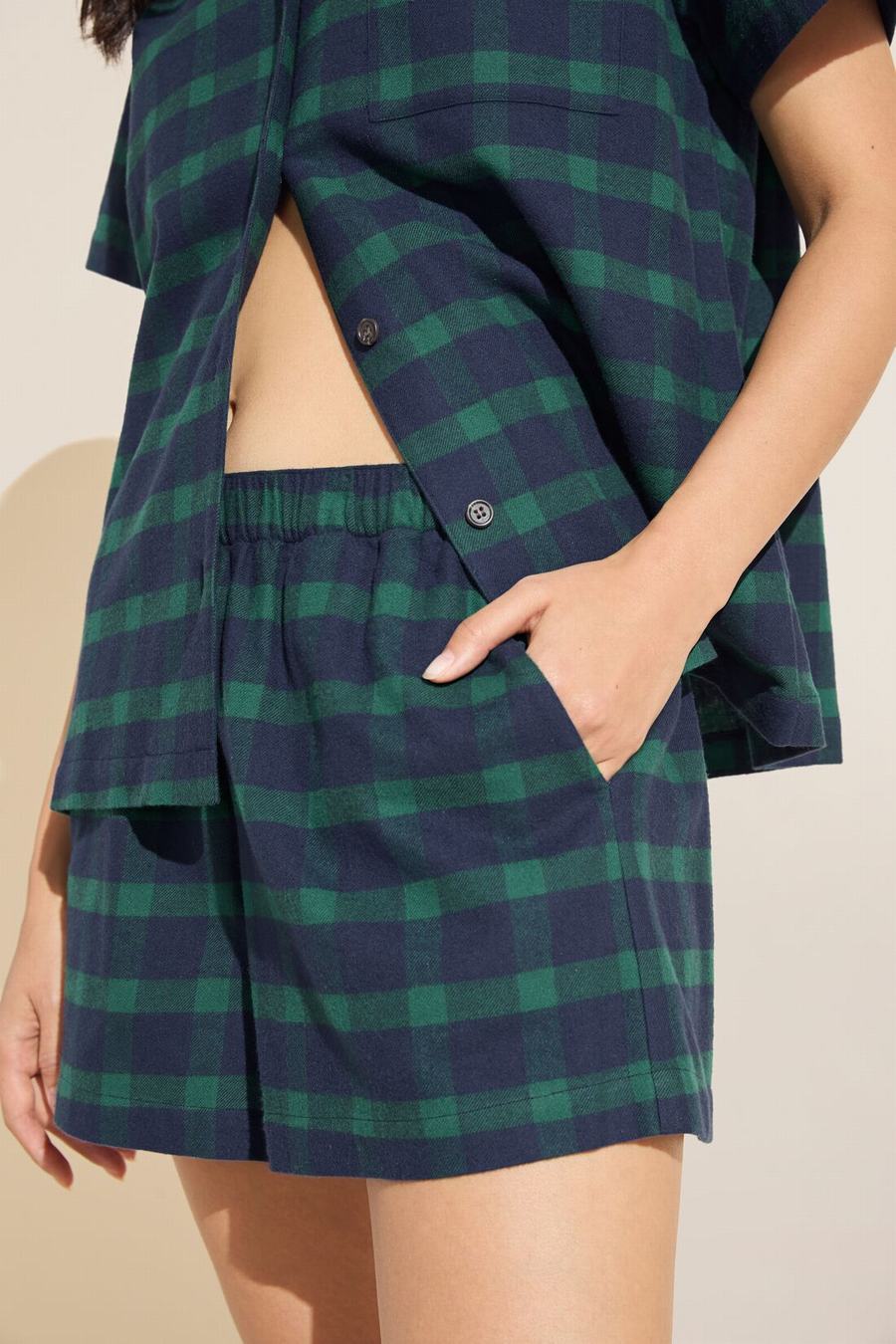 Navy Green Women Eberjey Flannel Short PJ Set Pajamas | XTF1148OW