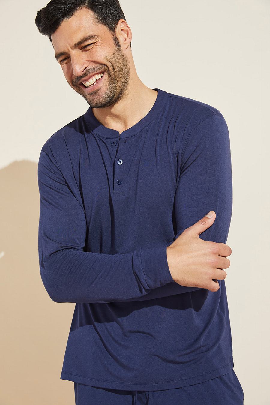 Navy Men Eberjey Henry TENCEL™ Modal Long Sleeve Henley Tops | MGR936DV