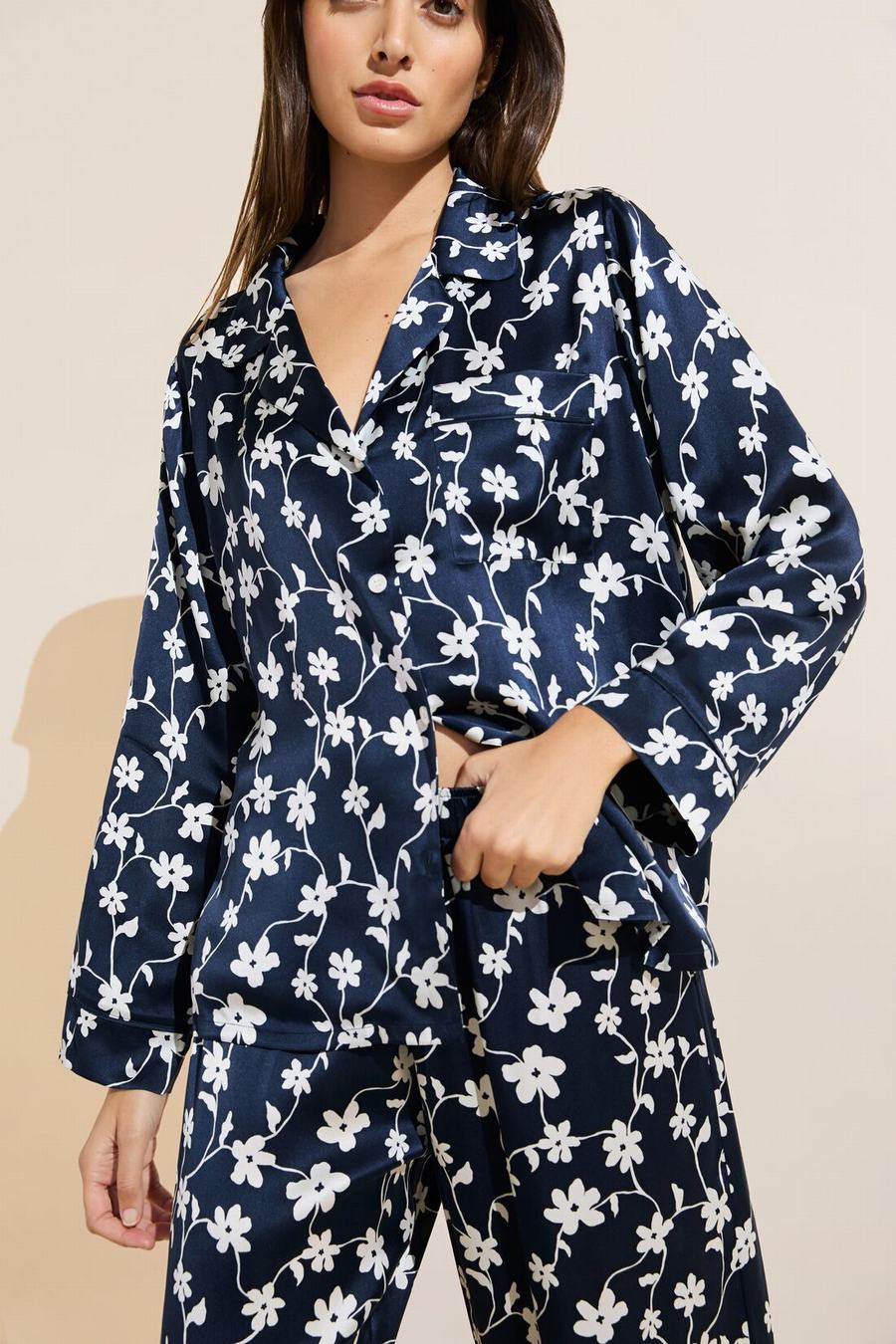 Navy White Women Eberjey Inez Washable Silk Printed Long PJ Set Pajamas | ORZ567OX