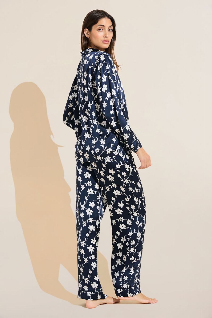 Navy White Women Eberjey Inez Washable Silk Printed Long PJ Set Pajamas | ORZ567OX