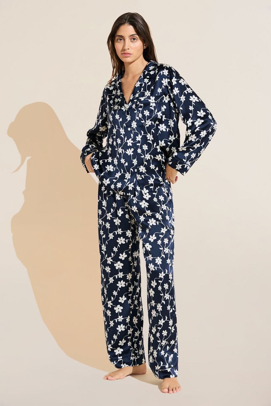 Navy White Women Eberjey Inez Washable Silk Printed Long PJ Set Pajamas | ORZ567OX