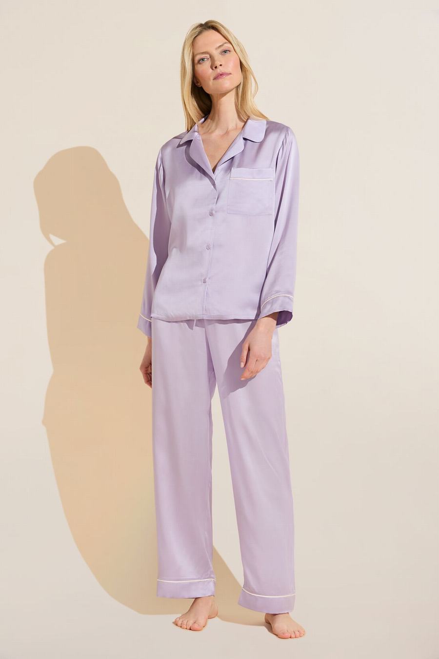 Purple White Women Eberjey Inez Washable Silk Long PJ Set Pajamas | JRB6285BR