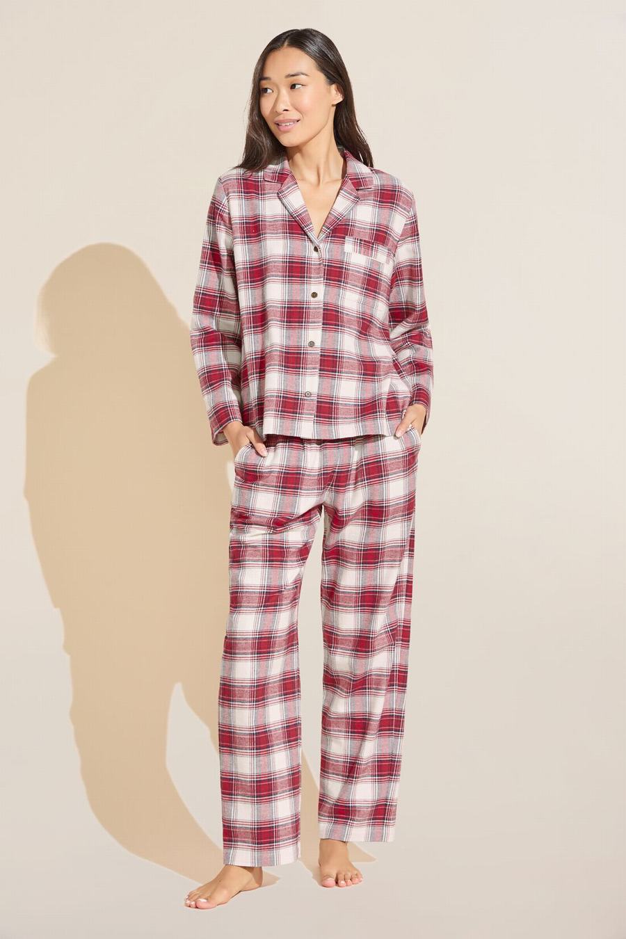 Red White Women Eberjey Flannel Long PJ Set Pajamas | FLQ377NU