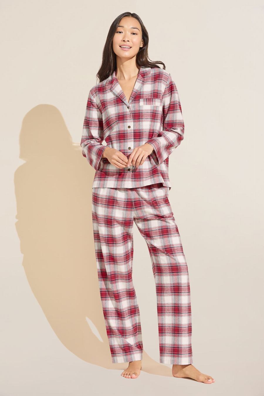 Red White Women Eberjey Flannel Long PJ Set Pajamas | FLQ377NU