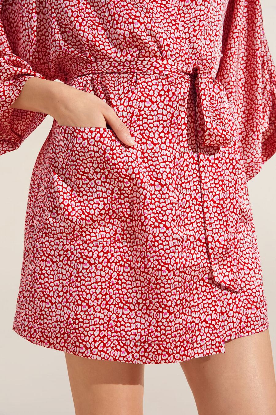 Red Women Eberjey Inez Printed Washable Silk Short Robe | PJW15MV