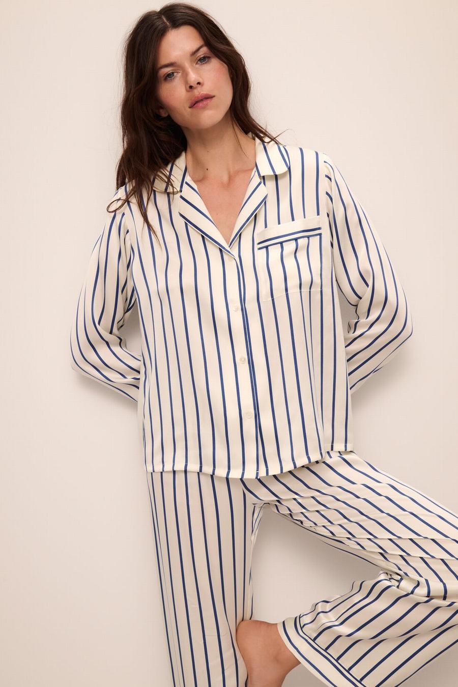 White Blue Women Eberjey Inez Washable Silk Printed Long PJ Set Pajamas | CLK5337AV