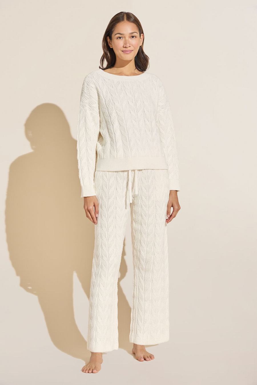 White Women Eberjey Cable Knit Recycled Sweater Straight Leg Pants | QSE3285FQ