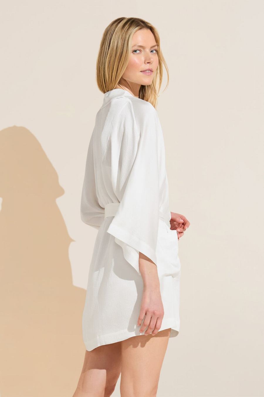 White Women Eberjey Inez Textured Washable Silk Short Robe | WRV2616LG