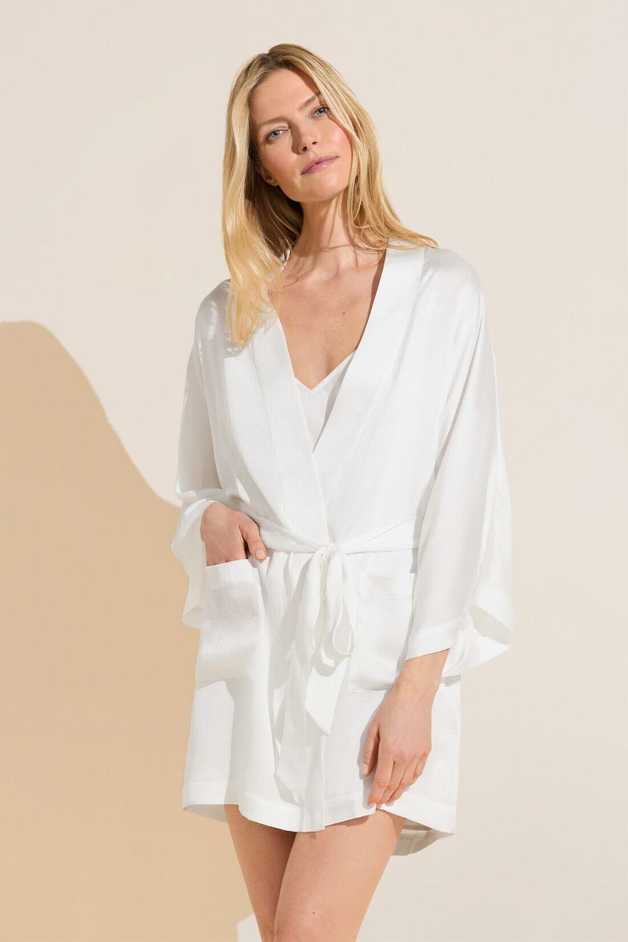 White Women Eberjey Inez Textured Washable Silk Short Robe | WRV2616LG