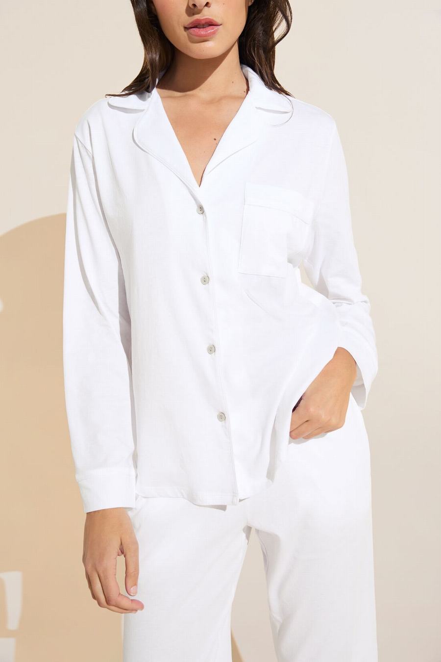 White Women Eberjey Organic Pima Cotton Notch Collar Top & Pant PJ Set Pajamas | WLH489LQ