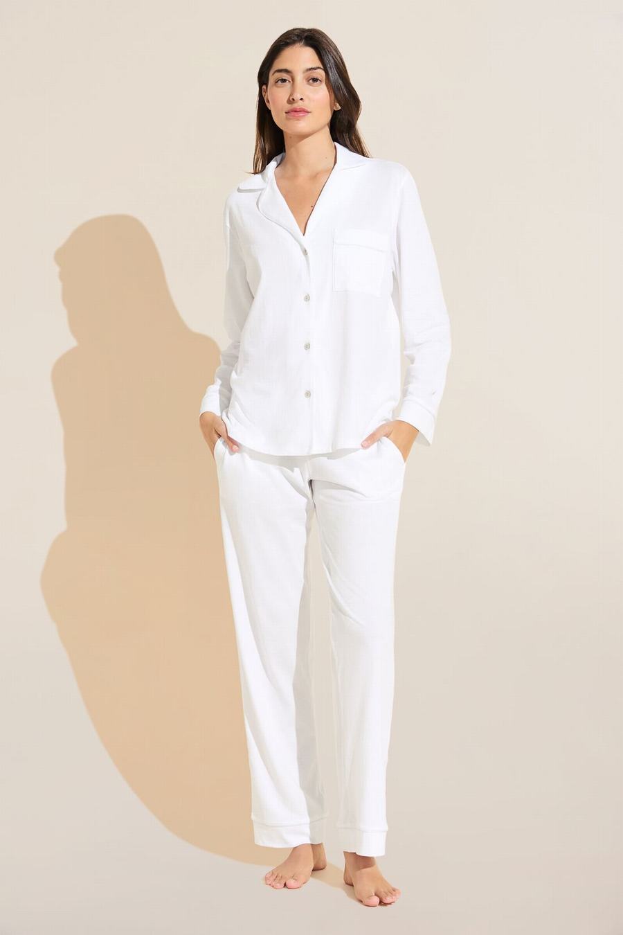 White Women Eberjey Organic Pima Cotton Notch Collar Top & Pant PJ Set Pajamas | WLH489LQ